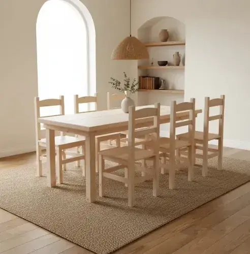 Comedor rustico pino 180 cm con 6 sillas sin pintar