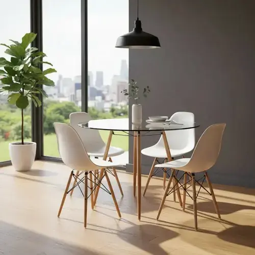 Comedor premium mesa vidrio redonda con sillas Eames DSW blancas