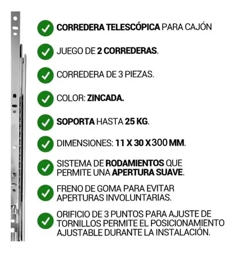Corredera Ducasse 500 mm — riel completo