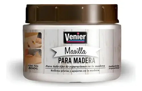 Masilla para madera Venier 200cc — pote con tapa y muestra de color
