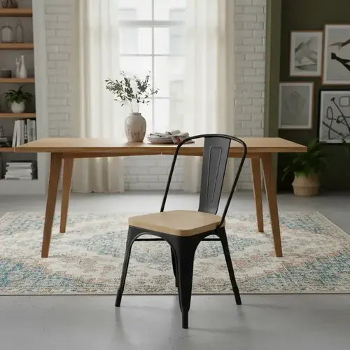 Set × 4 Sillas Tolix negras con asiento de madera clara — Emuebles