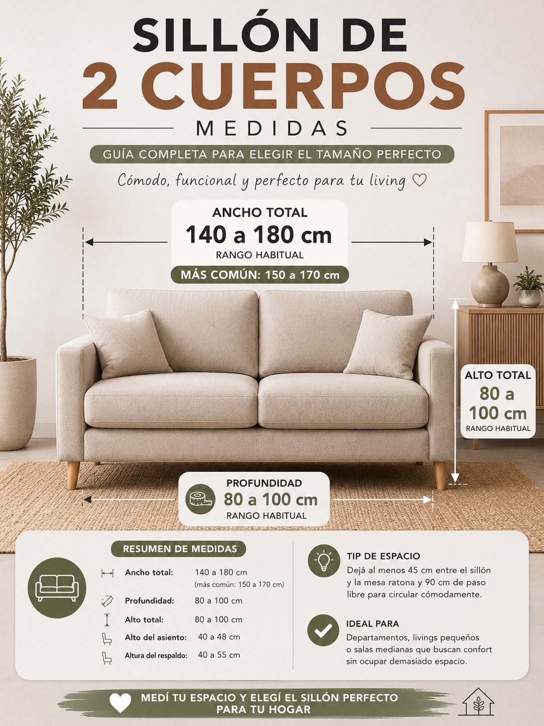 Sillón de 2 cuerpos medidas — ancho total 140 a 180 cm (más común 150-170 cm), profundidad 80 a 100 cm y alto total 80 a 100 cm