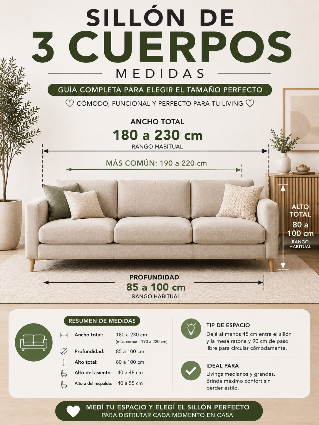 Sillón de 3 cuerpos medidas — ancho 180 a 230 cm (más común 190-220 cm), profundidad 85 a 100 cm y alto total 80 a 100 cm
