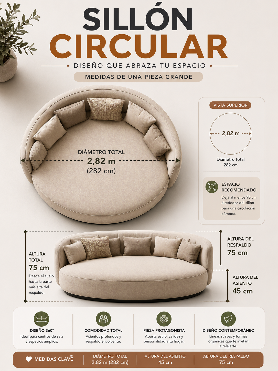 Sillón circular medidas — diámetro total 2,82 m (282 cm), altura del asiento 45 cm y altura del respaldo 75 cm
