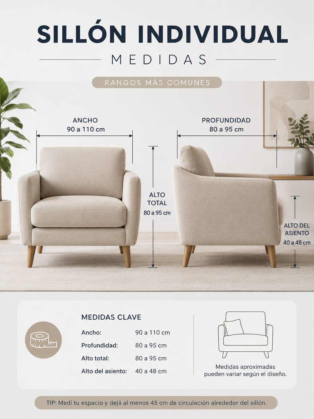Sillón individual medidas — ancho 90 a 110 cm, profundidad 80 a 95 cm, alto total 80 a 95 cm y alto del asiento 40 a 48 cm