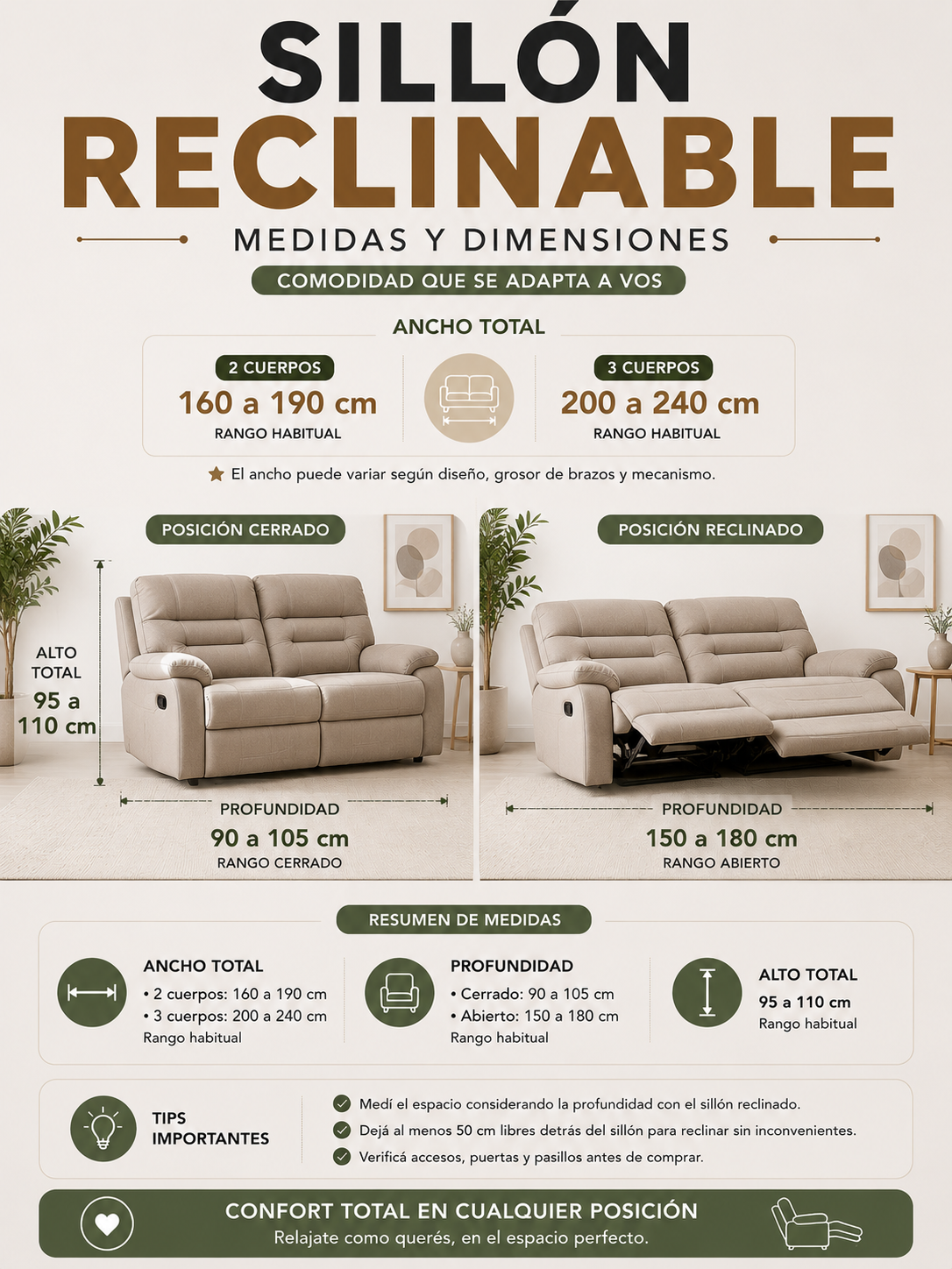 Sillón reclinable medidas — 2 cuerpos 160-190 cm, 3 cuerpos 200-240 cm, profundidad cerrado 90-105 cm y abierto 150-180 cm, alto 95-110 cm