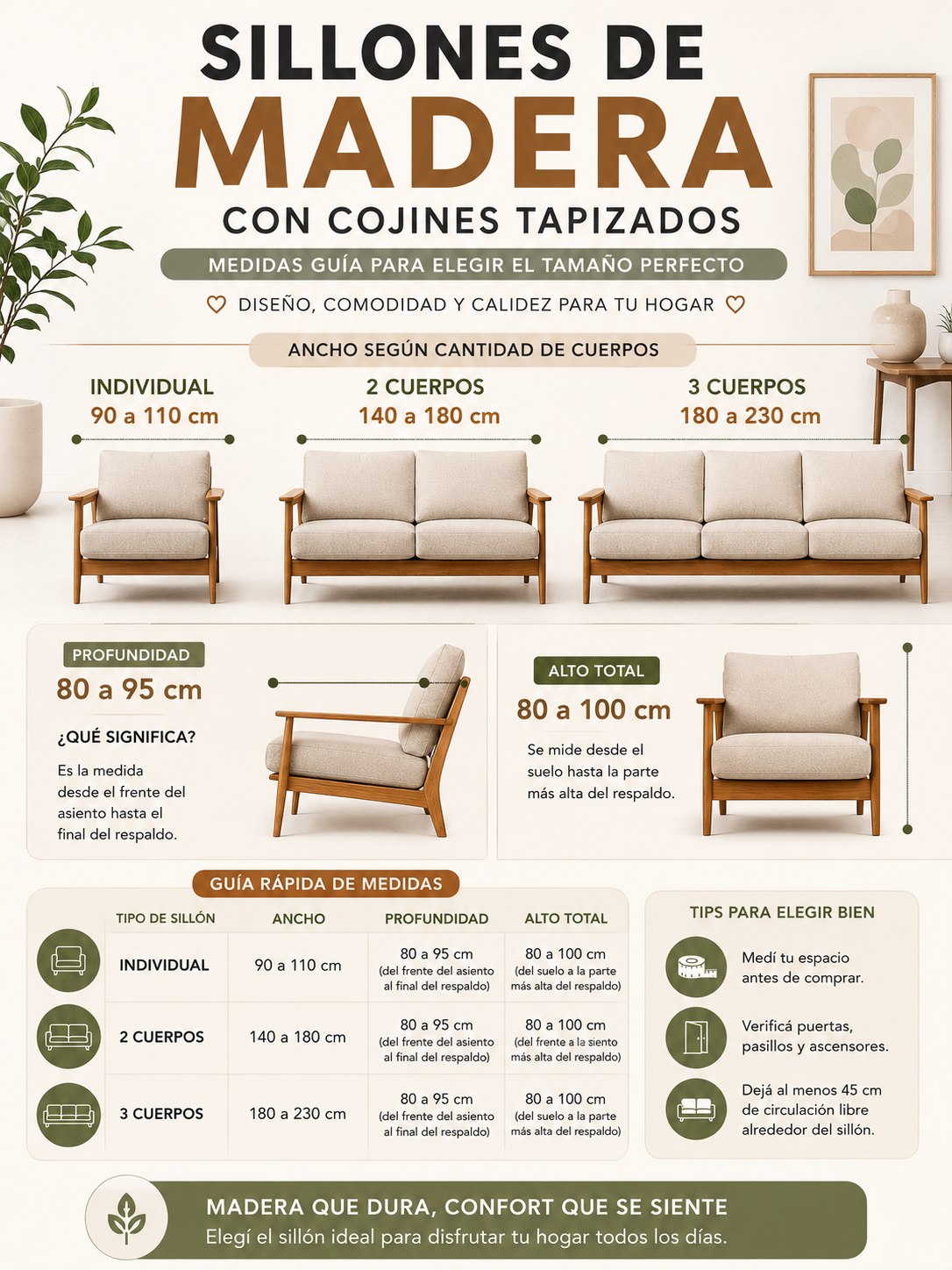 Sillones de madera con cojines tapizados medidas — individual 90-110 cm, 2 cuerpos 140-180 cm y 3 cuerpos 180-230 cm de ancho con profundidad 80-95 cm