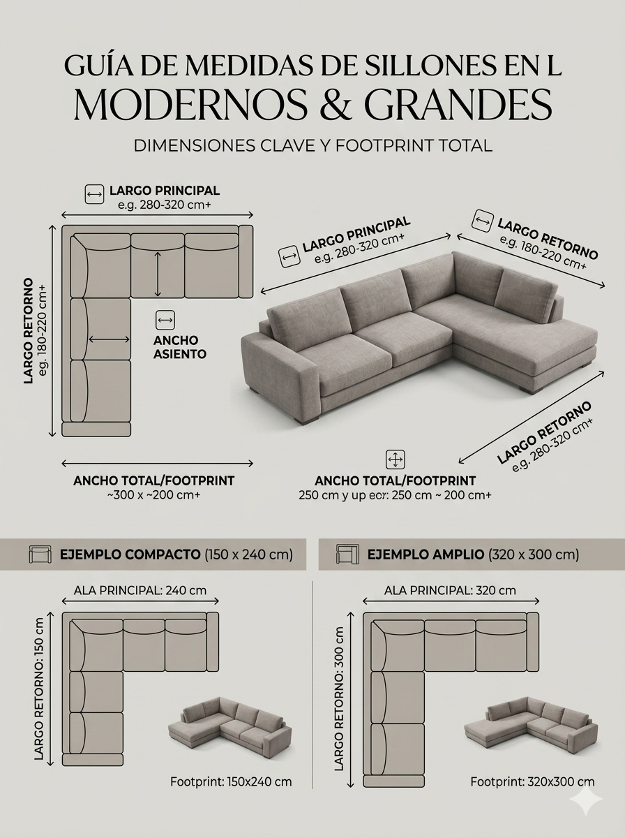 Sillones en L medidas — largo principal 280-320 cm, retorno 180-220 cm, footprint compacto 150x240 cm hasta amplio 320x300 cm