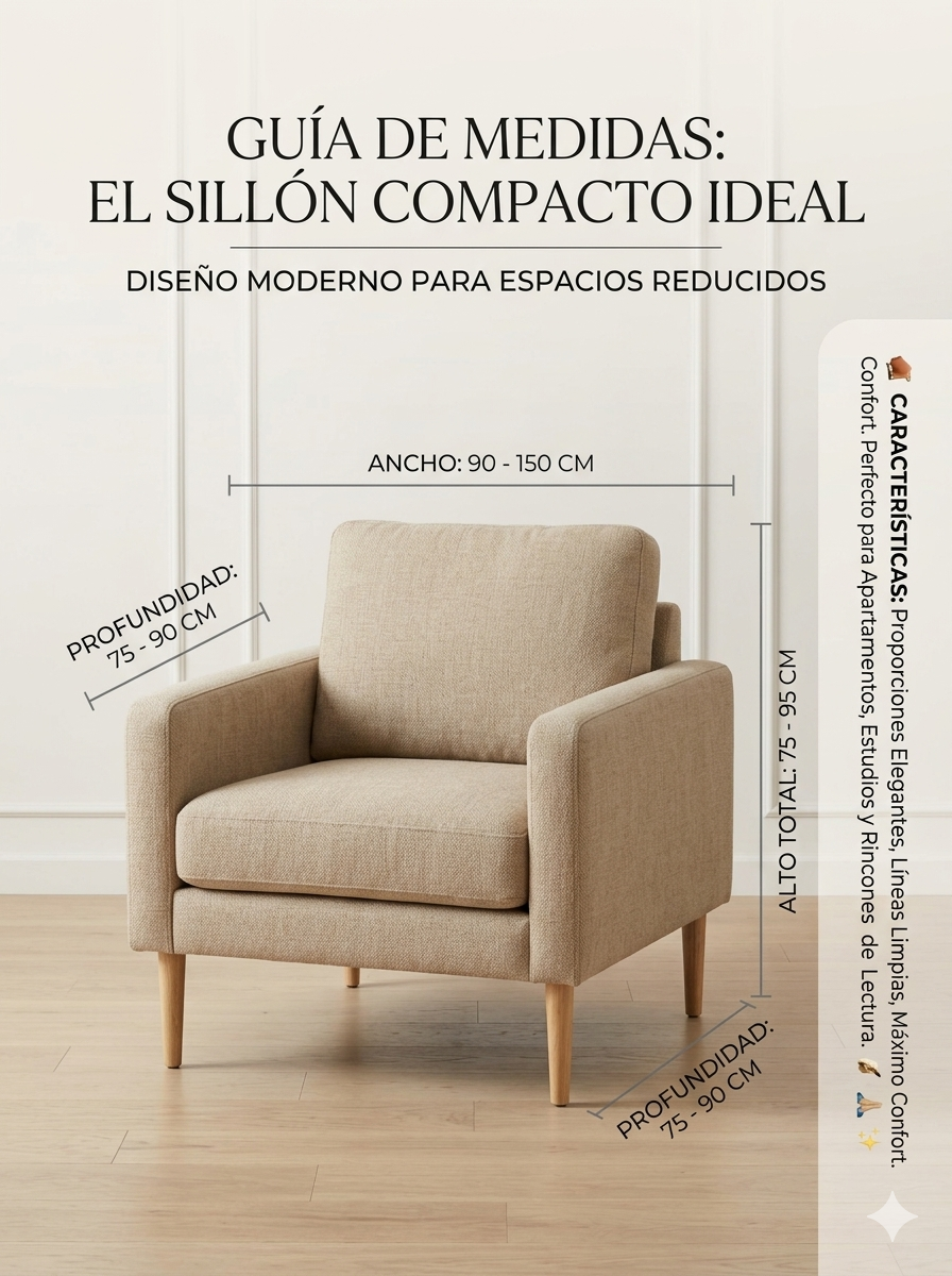 Sillones pequeños medidas — ancho 90 a 150 cm, profundidad 75 a 90 cm y alto total 75 a 95 cm para espacios reducidos